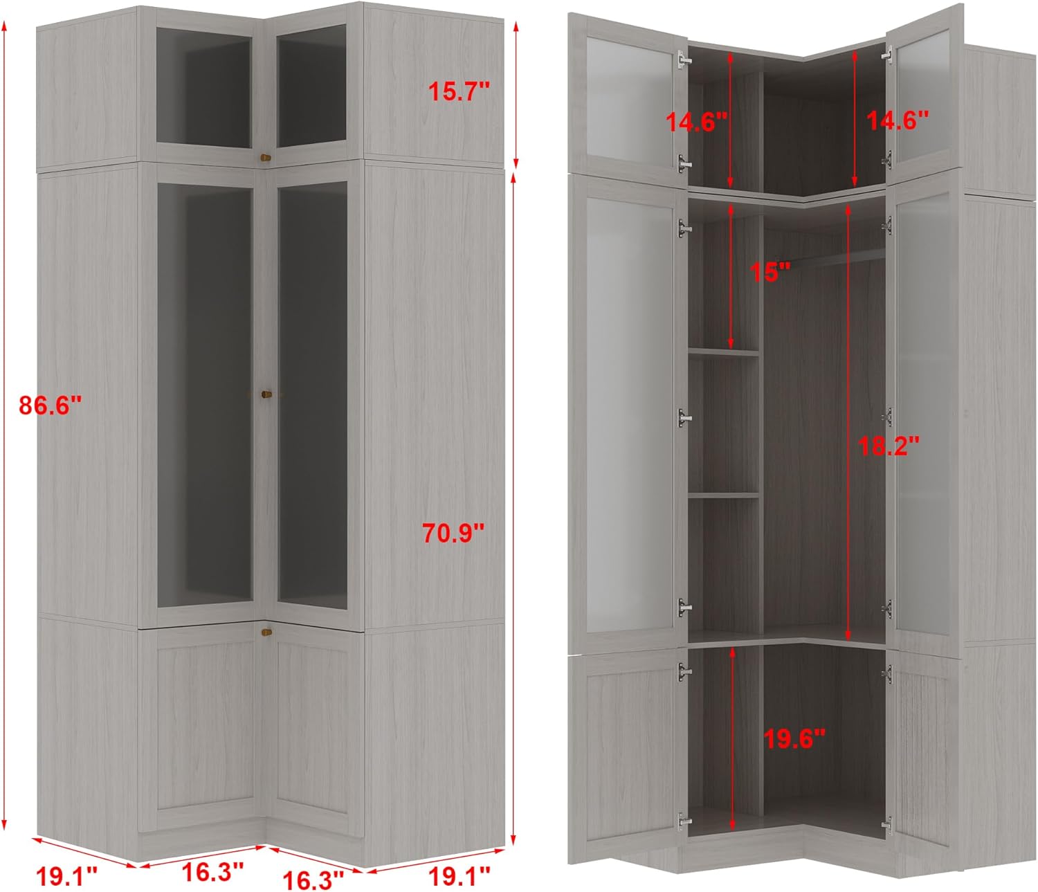 Homsee L-Shape Armoire Wardrobe Closet with Frosted Glass Doors, Hanging Bar & Shelves, Wooden Closet Storage Cabinet with Top Cabinet for Bedroom, Warm Grey (35.4”L x 35.4”W x 86.6”H)