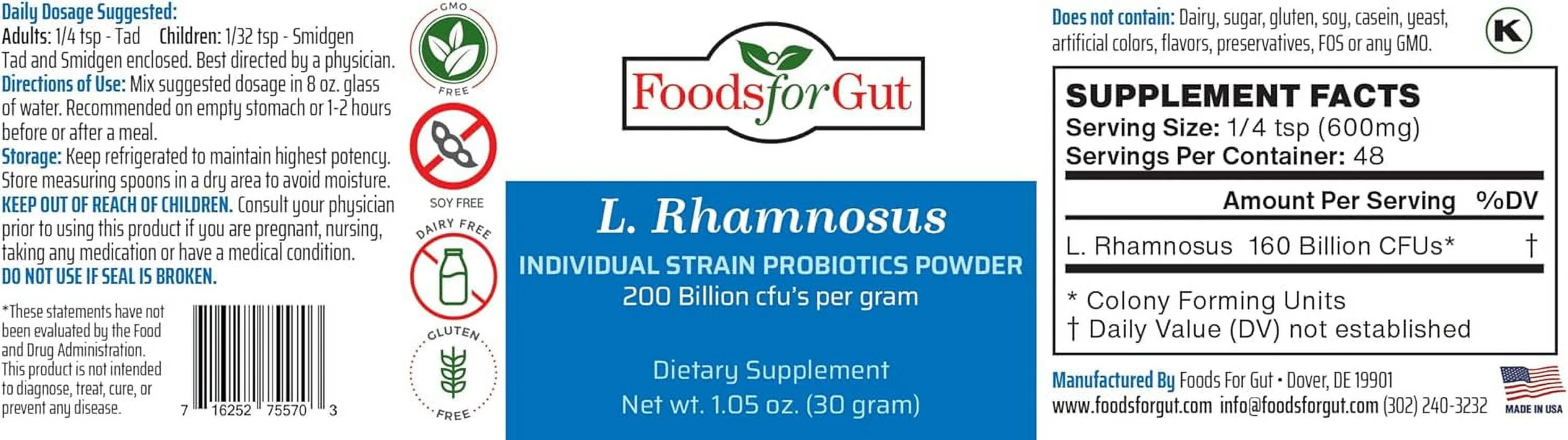 Foods For Gut Lactobacillus Rhamnosus Probiotic Powder 200 Billion cfu's 30 Gram | Digestive & Immune Support | High Potency | L. Rhamnosus
