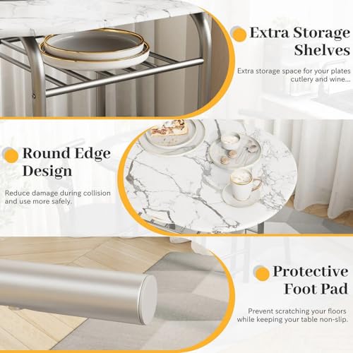 Shahoo 3-Piece Wooden Dining Table Set, Kitchen Breakfast Nook Sets with 2 Chairs & Round Tabletop, Space Saving Furniture Metal Frame and Built-in Wine Rack, Walnut