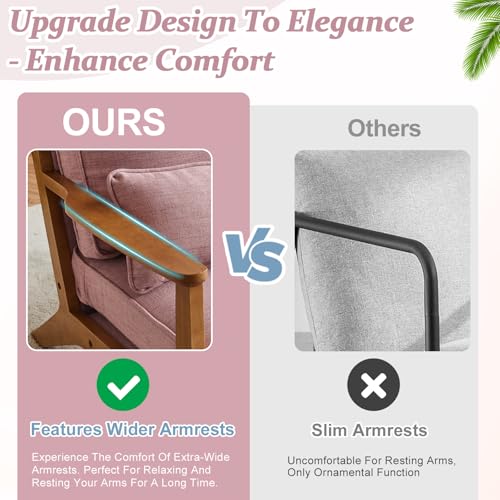 VINGLI Solid Wood Wide Armrests Accent Chair,Upholstered Mid Century Modern Chair with Pillow,Comfy Reading Chair Farmhouse Arm Chair,Chairs Living Room,Bedroom,Guest Room,Linen Fabric,Beige