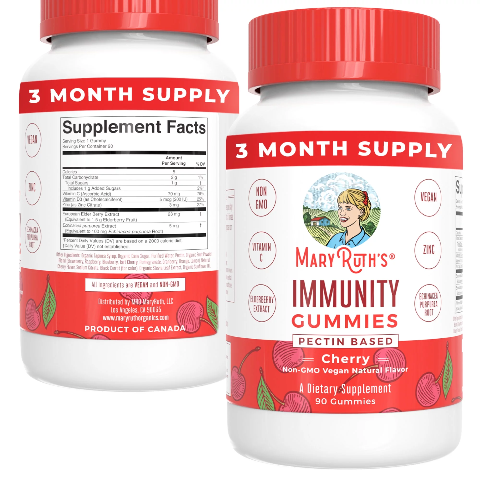 MaryRuth's Elderberry Gummies for Immune Support | Organic Ingredients for Adults & Kids with Echinacea, Vitamin C and D, Vegan, Non-GMO, Cherry Flavored, 90 Gummies