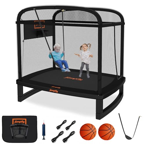 jumpfly 6FT Rectangle Trampoline for Kids,Toddler Trampoline with Swing & Basketball Hoop, Indoor & Outdoor Mini Trampoline with Enclosure, ASTM Approved