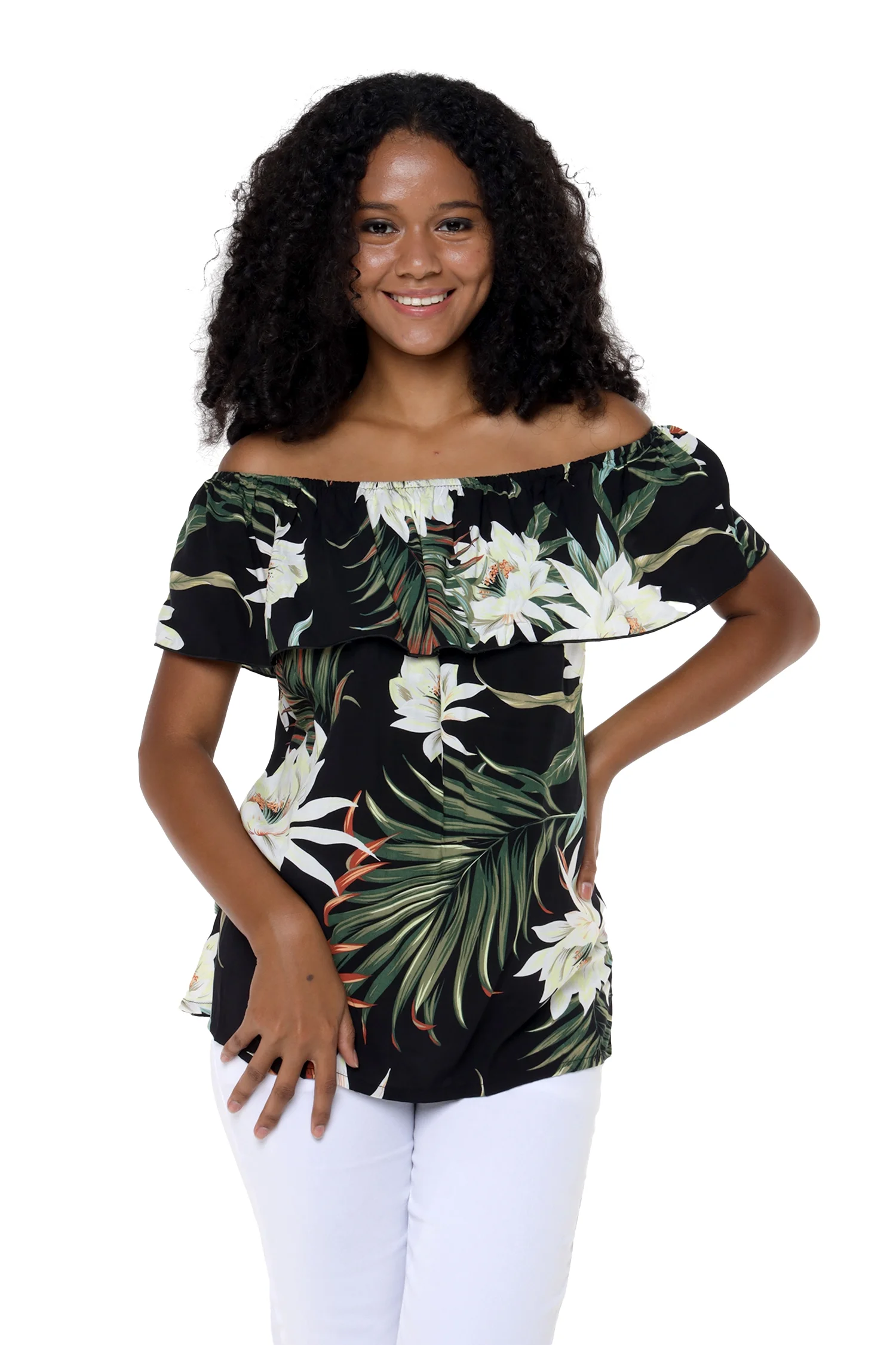 Matchable Couple Hawaiian Luau Off-Shoulder Ruffle Muumuu Top in Wispy Cereus Black, Women, M