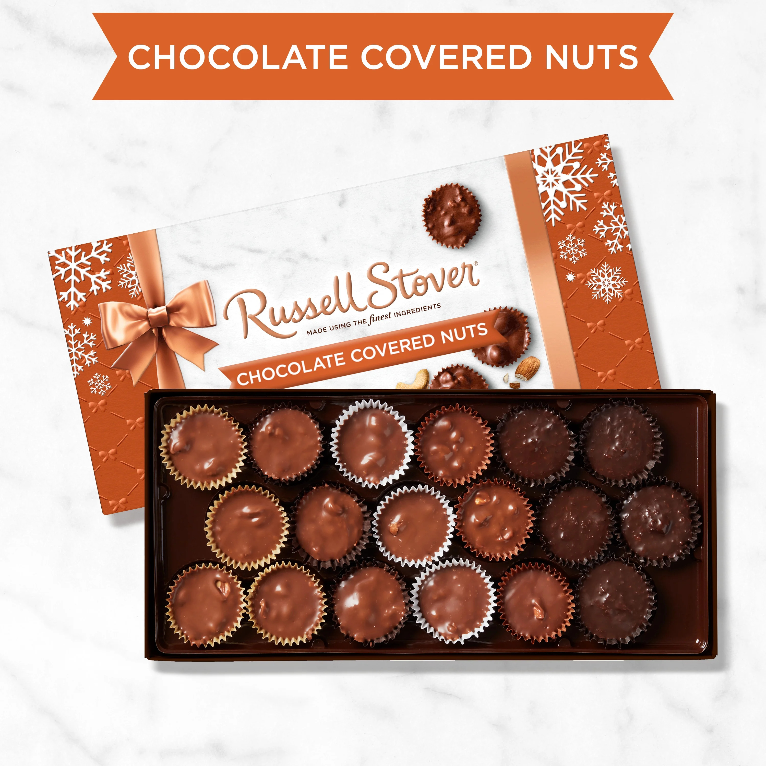RUSSELL STOVER Christmas Chocolate Covered Nuts Assortment in Milk & Dark Chocolate Gift Box, 9 oz. (18 pieces)