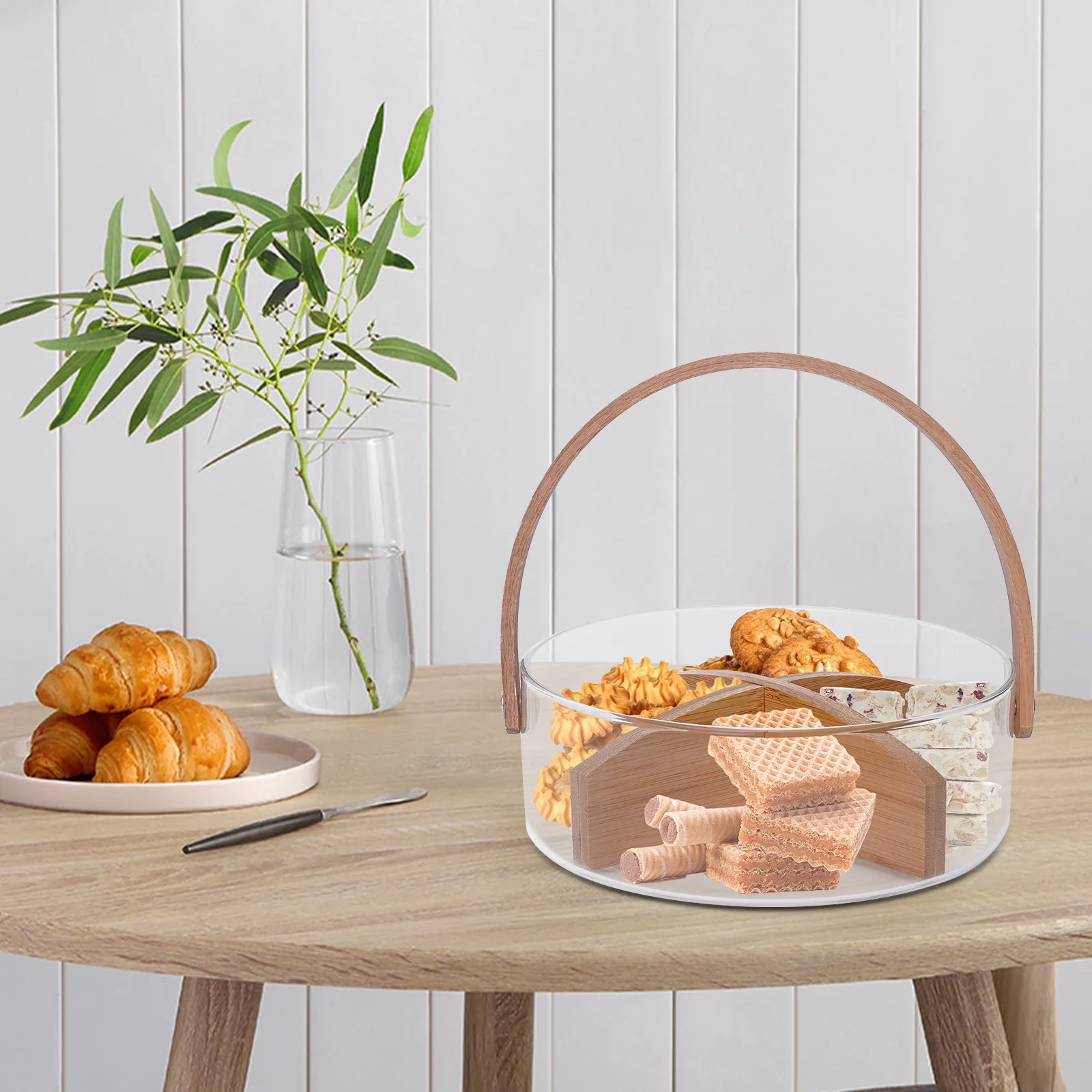 Miumaeov Fruit Serving Bowl Ice Bucket with Handle, 7.09 x 2.36 in Clear Glass Nuts Dry Fruit Snack Tray Fruit Bowl Holder Dried Fruit Basket with Wood Divider