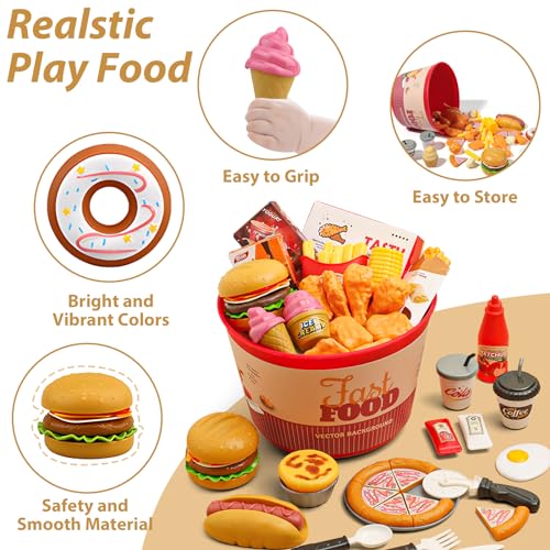 80 Pcs Pretend Play Food Toy for Kids Kitchen Aged 3 4 5, Fast Food Set with Storage Bucket, Pizza, Burger, Ice Cream, Hot Dog, Educational Birthday Toy Gift for Boys Girls