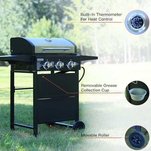 Grill. 3 burner gas grill, Propane Grill, bbq grill with thermometer, gas grill outdoor for small gatherings, 30000 BTU barbecue grill with Foldable Rack.