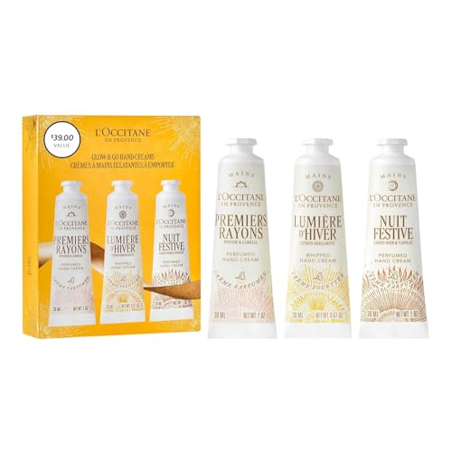 L’Occitane Glow & Go Hand Cream Trio, Holiday Beauty Gift Set, Peony, Lemon & Vanilla, Hydrates & Softens Dry Skin, Travel-Sized Moisturizing Minis