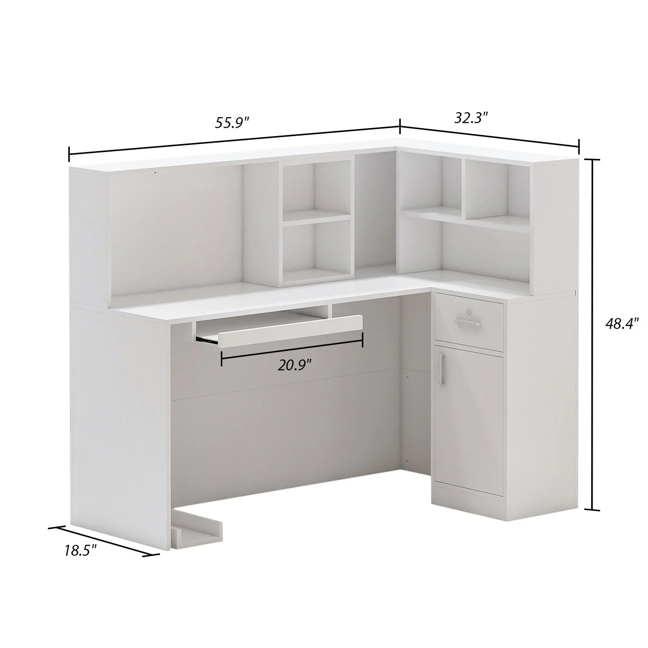 Timechee Reception Desk L-Shaped Counter Shelves Drawers Reception Table White