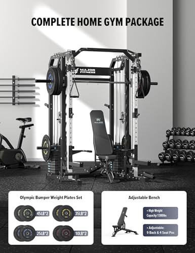 Major Fitness Smith△ Machine Drone2 Premium, All-in-One Home Gym Squat Rack with Aluminum Pulley Set , Weight Bar, Dual LAT Pull-Down Systems & Cable Crossover Machine for Full-Body Workouts