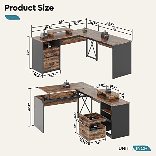 Bestier Lift Top L Shaped Desk with File Drawer, 55'' x 55'' Office Desk with Reversible Storage Drawers, L Shaped Standing Desk with Computer Monitor Stand