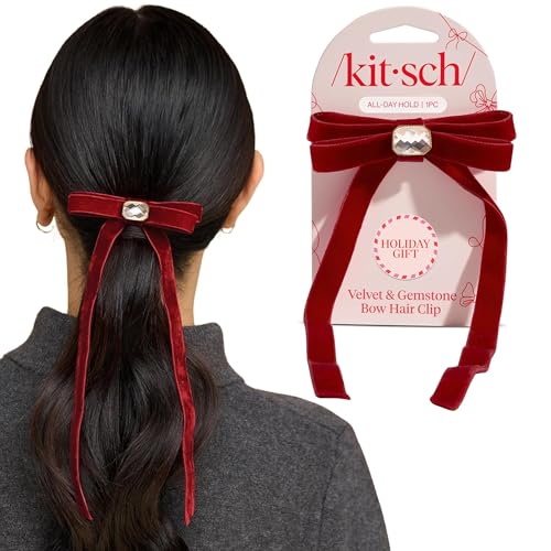 Kitsch Velvet Bow Hair Clip with Gemstone – Red Duckbill Hair Clips for Women | Lightweight, Comfortable, Secure Hold | Perfect Holiday Hair Accessories, Stocking Stuffers and Gifts for Women
