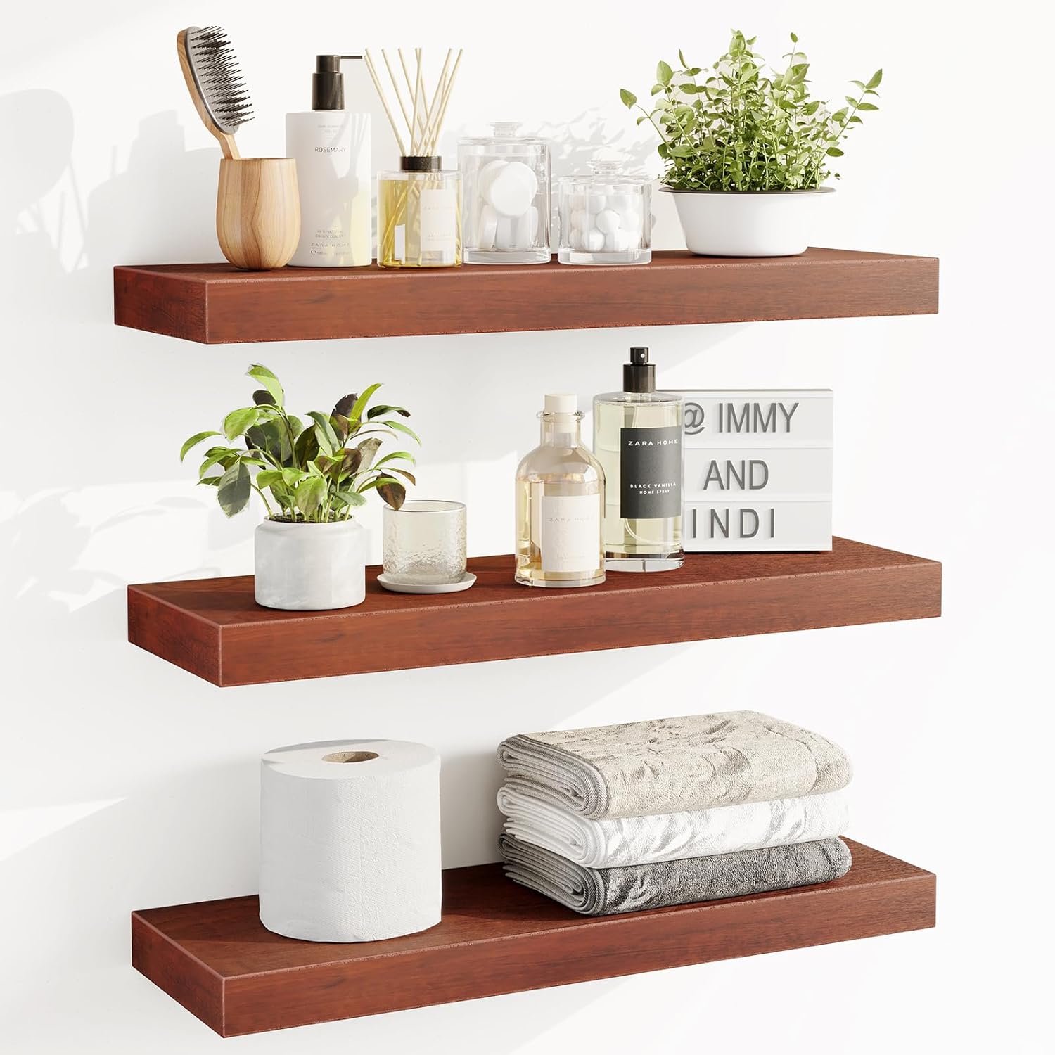 Fixwal Floating Shelves for Wall, 3 Pack Wall Mounted Shelves with Invisible Brackets, Hanging Shelf for Bathroom, Bedroom, Living Room, Kitchen, Office Decor(Walnut)