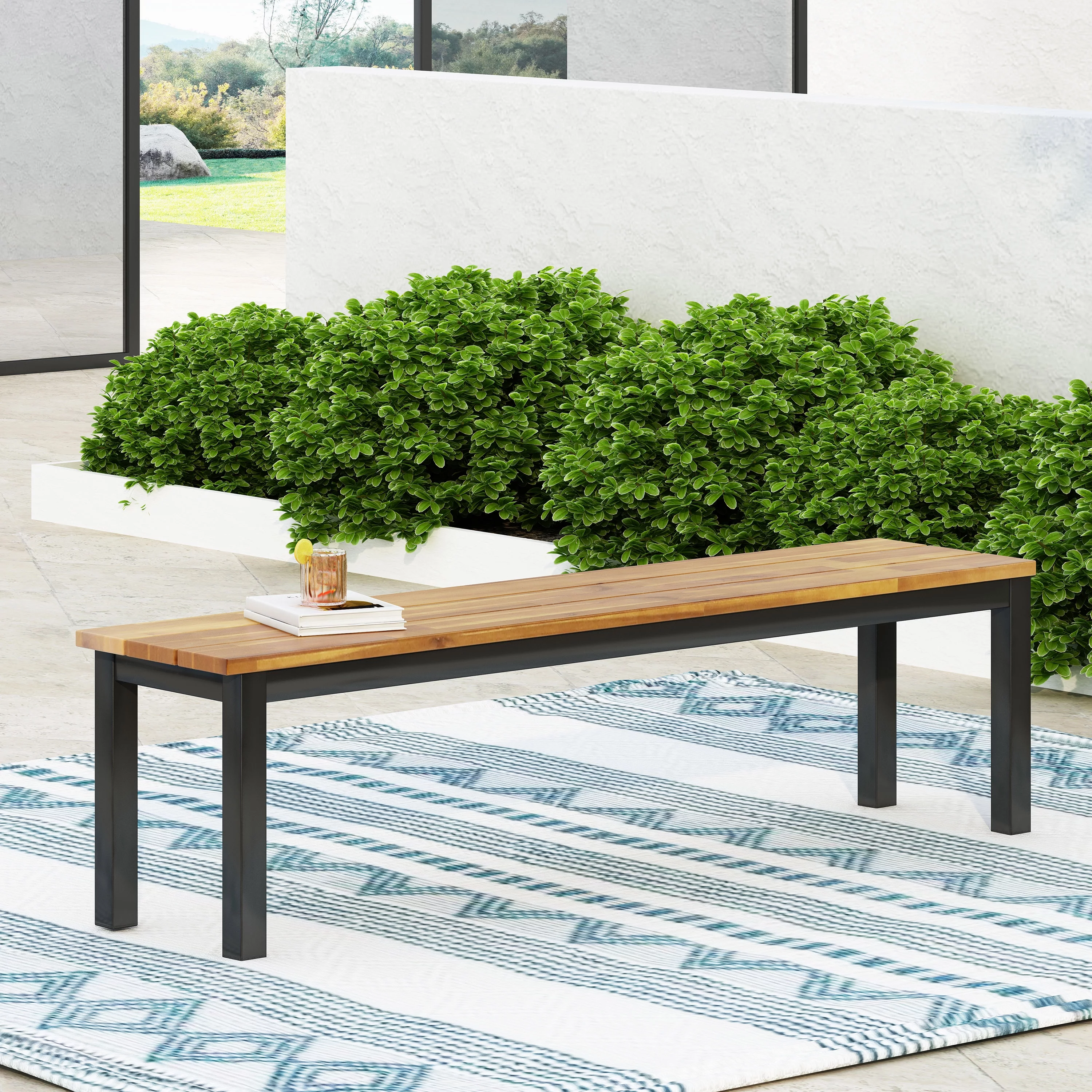 Pellerin Acacia Wood Outdoor Bench, Teak and Black