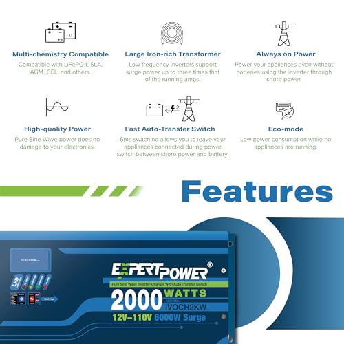 ExpertPower 3000W Pure Sine Wave Inverter Charger | Peak 9000W | DC 12V - AC 110V | LifePO4/ Lithium Battery Compatible | Auto Transfer Switch | LCD Display