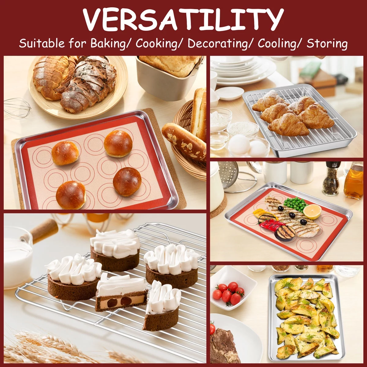 Vesteel Stainless Steel Baking Sheet Tray Cooling Rack with Silicone Baking Mat Set, Cookie Pan with Cooling Rack Set of 9 (3 Sheets + 3 Racks + 3 Mats), Heavy Duty & Dishwasher Safe
