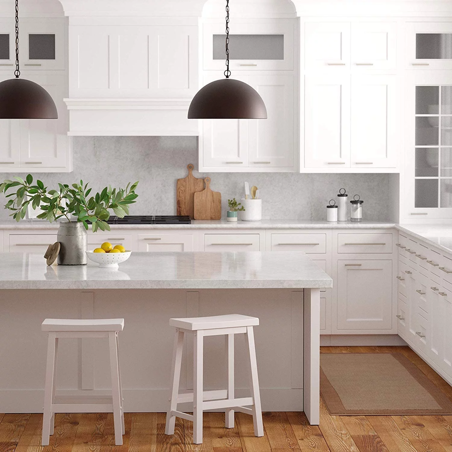 PJ Wood Classic Saddle-Seat 24In Kitchen Counter Stools, White, Set of 2