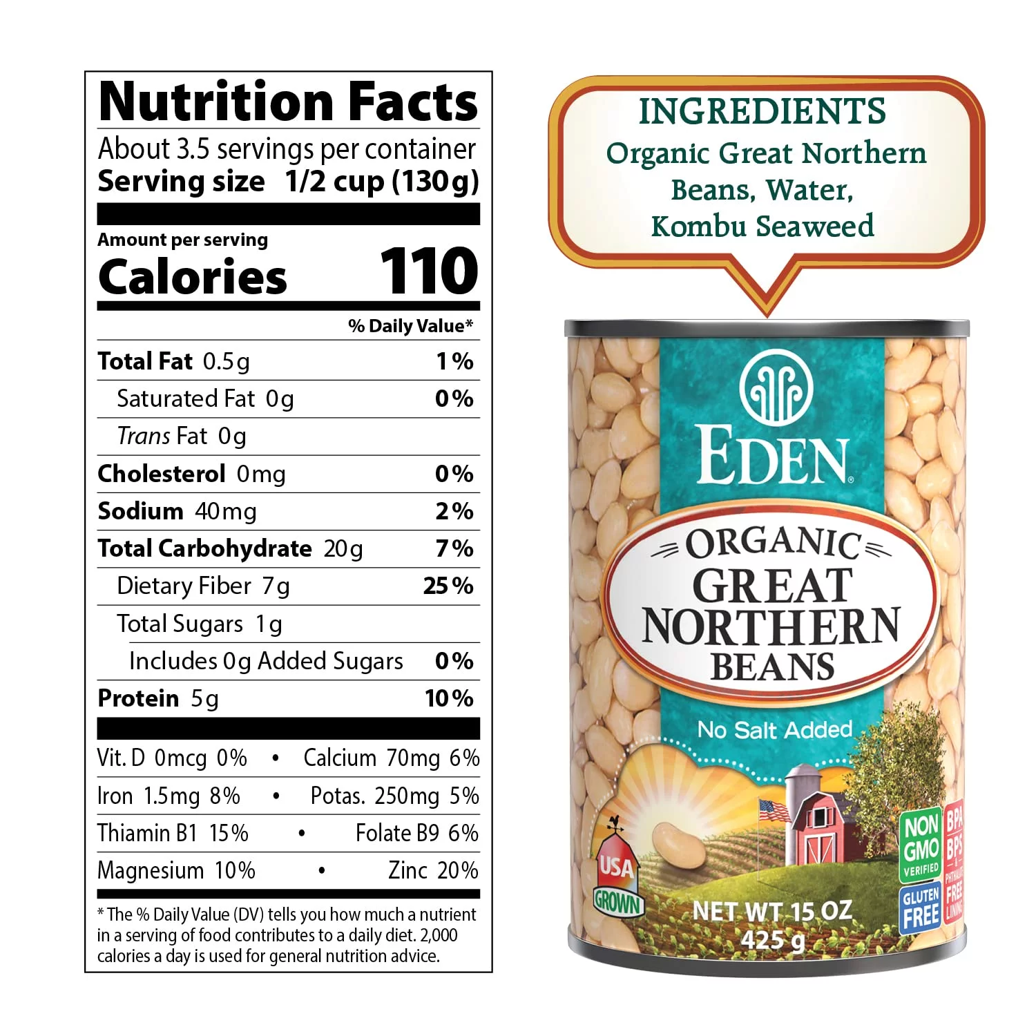 Eden Organic Great Northern Beans (White Beans), 15 oz Can (12-Pack Case), No Salt Added, Non-GMO, Gluten Free, U.S. Grown, Heat and Serve, Macrobiotic, Similar to Cannellini, Smoother