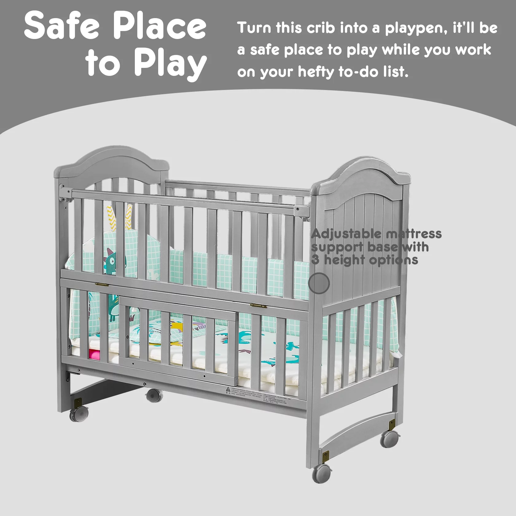 HARPPA 6-in-1 Convertible Mini Crib (Mattress + Mosquito Net Included), Gray