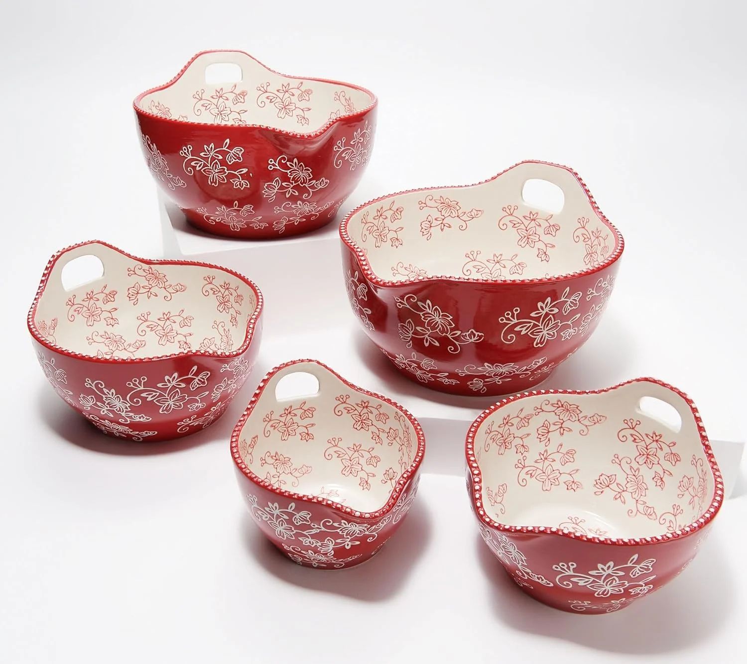 Set Of 5 Mixing Bowls W/Pour Spouts & Loop Handle, 3.5 Qt Down To 0.5 Qt, Mix, Bake, Serve (Floral Lace Red)