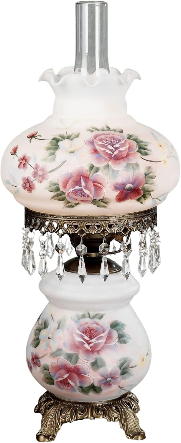 Beatrice Hurricane Rose Table Lamp Pink One Size - 24 Inches High - Victorian Style - Crystal Beads, Glass - Floral Aesthetic, Roses - Electric - Vintage Antique Parlor Lamps for Home Desk, Bedroom