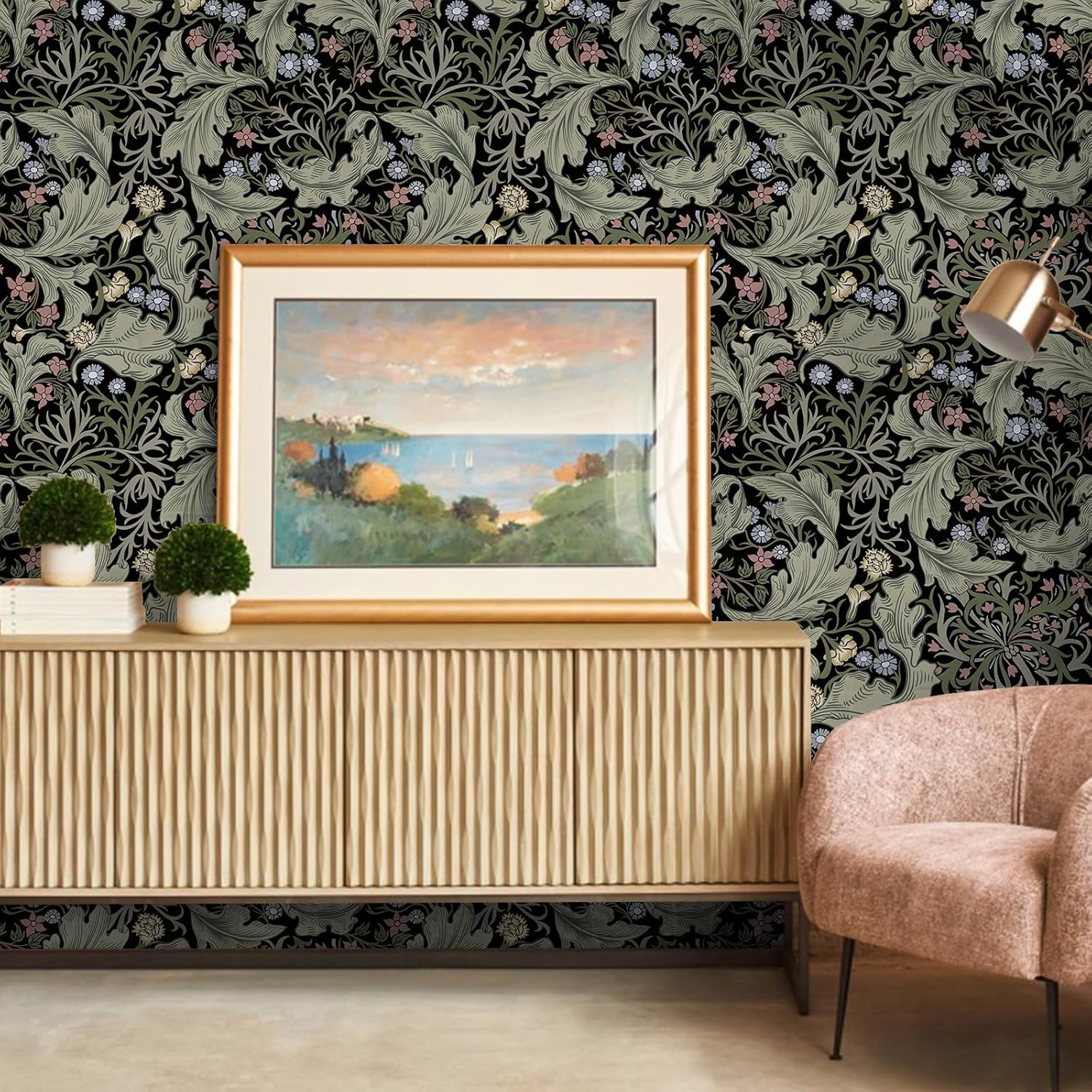 Willian Morris Peel and Stick Wallpaper, Thicken Self Adhesive and Removable Vintage Green Leaf Floral Wall Paper, Victorian Boho Contact Paper for Cabinets and Home Wall Decor 17.7in×118in
