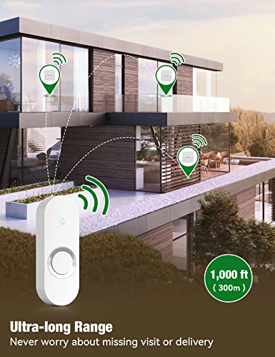 AIDA Lighted Wireless Doorbell, Home Waterproof Doorbell 1,000ft Range, 5 Volume Levels with 58 Doorbell Chimes & LED Flash (White, Doorbell with 2 Buttons & 2 Receivers)