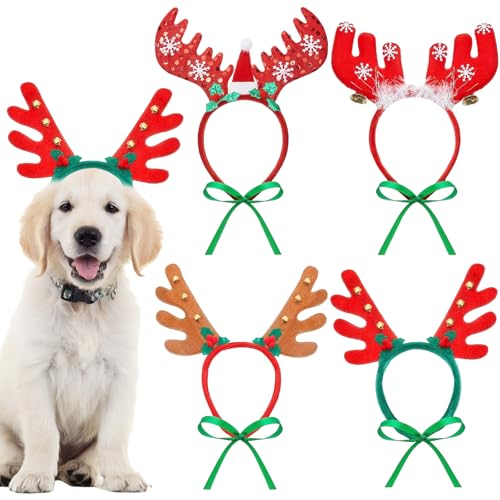 Yaomiao 4 Pieces Christmas Elk Reindeer Antler Headband Dog Cat Pet Christmas Costume Pet Holiday Headwear Accessories for Small and Medium Dogs Cats