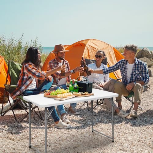 Folding Table 4 Foot Portable Heavy Duty Plastic Fold-in-Half Utility Table Small Indoor Outdoor Adjustable Height Folding with Carrying Handle, Camping and Party,White