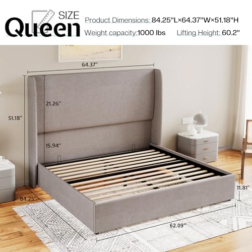 Jocisland Queen Size Lift Up Storage Bed Frame Linen Upholstered Platform Bed/Hydraulic Storage/Modern Wingback Headboard/No Box Spring Needed/Wood Slats Support/Light Grey