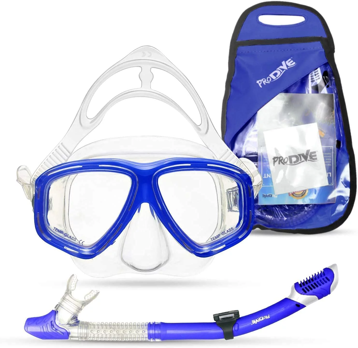 ProDive Dry Top Snorkel Set with Tempered Glass Diving Mask, Watertight and Anti-Fog Lens and Waterproof Gear Bag, Diving Gear or Snorkeling Gear with Snorkel Mask. Snorkel and Mask Set