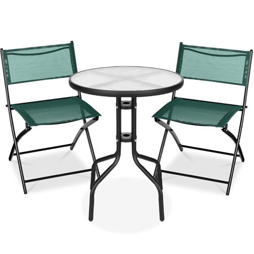 Best Choice Products 3-Piece Patio Bistro Dining Furniture Set w/Glass Tabletop, 2 Folding Chairs, Steel Frame, Polyester Fabric - Gray