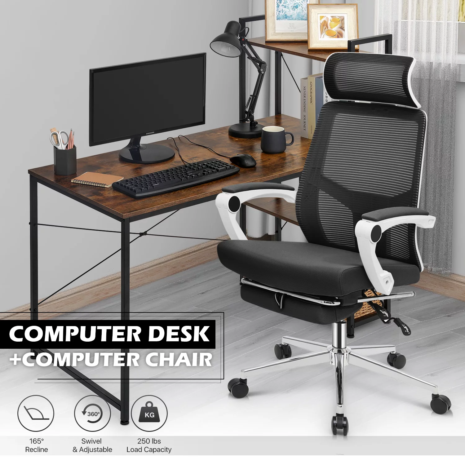 MoNiBloom Computer Desk & Chair Set, Ergonomic High Back Chair and Study Writing Table with Display Bookshelf, Black