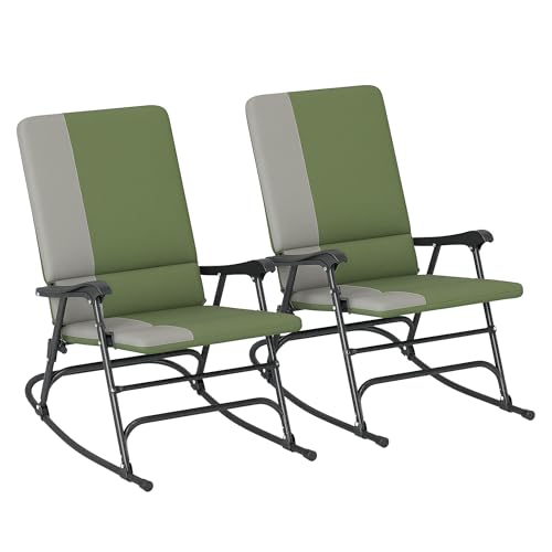 Outsunny Folding Outdoor Rocking Chairs Set of 2, Oversized Outdoor Rocking Camping Chair with 400 lbs. Capacity, Wide Seat, Padded High Back for Patio, Porch, Garden, Dark Green