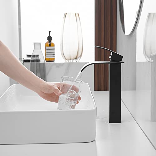 BWE Vessel Sink Faucet Modern Waterfall Chrome Single Hole Bathroom Faucet Single Handle with Pop up Drain Without Overflow Assembly Vanity Basin Bath Sink Faucets Mixer Tap