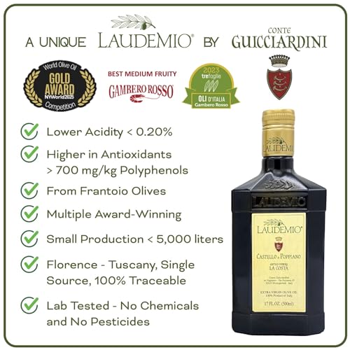 Laudemio Poppiano, Tuscany High Polyphenols +700 mg/kg Extra Virgin Olive Oil, Fresh 2024-2025 Early Harvest, 2025 NYIOOC Gold Award, Frantoio Monovarietal, Lab Tested No Pesticides, 16.9 fl oz