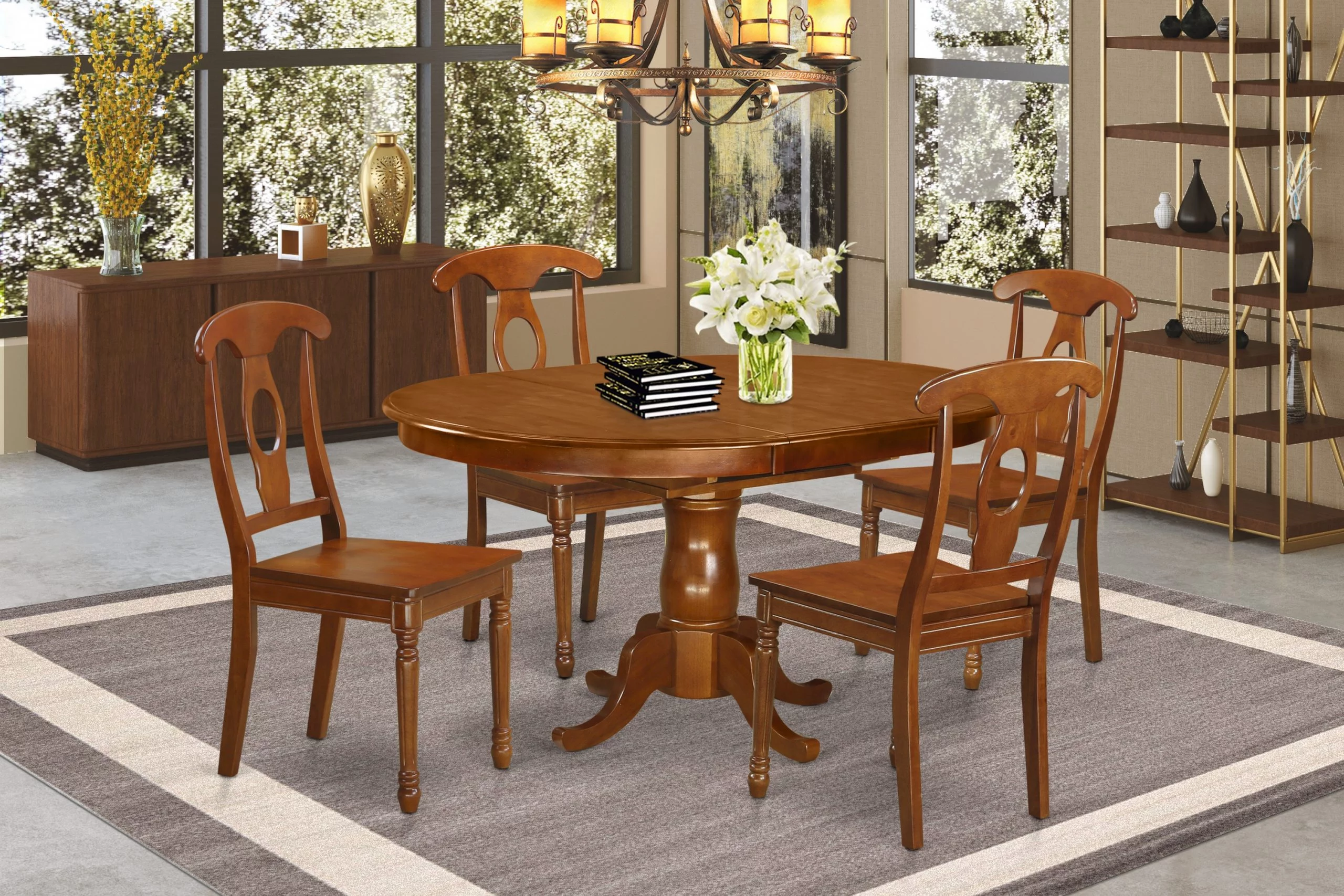 East West Furniture PONA5-SBR-W 5 Piece Dining Room Set-Oval Dining Table With Leaf and 4 Chairs