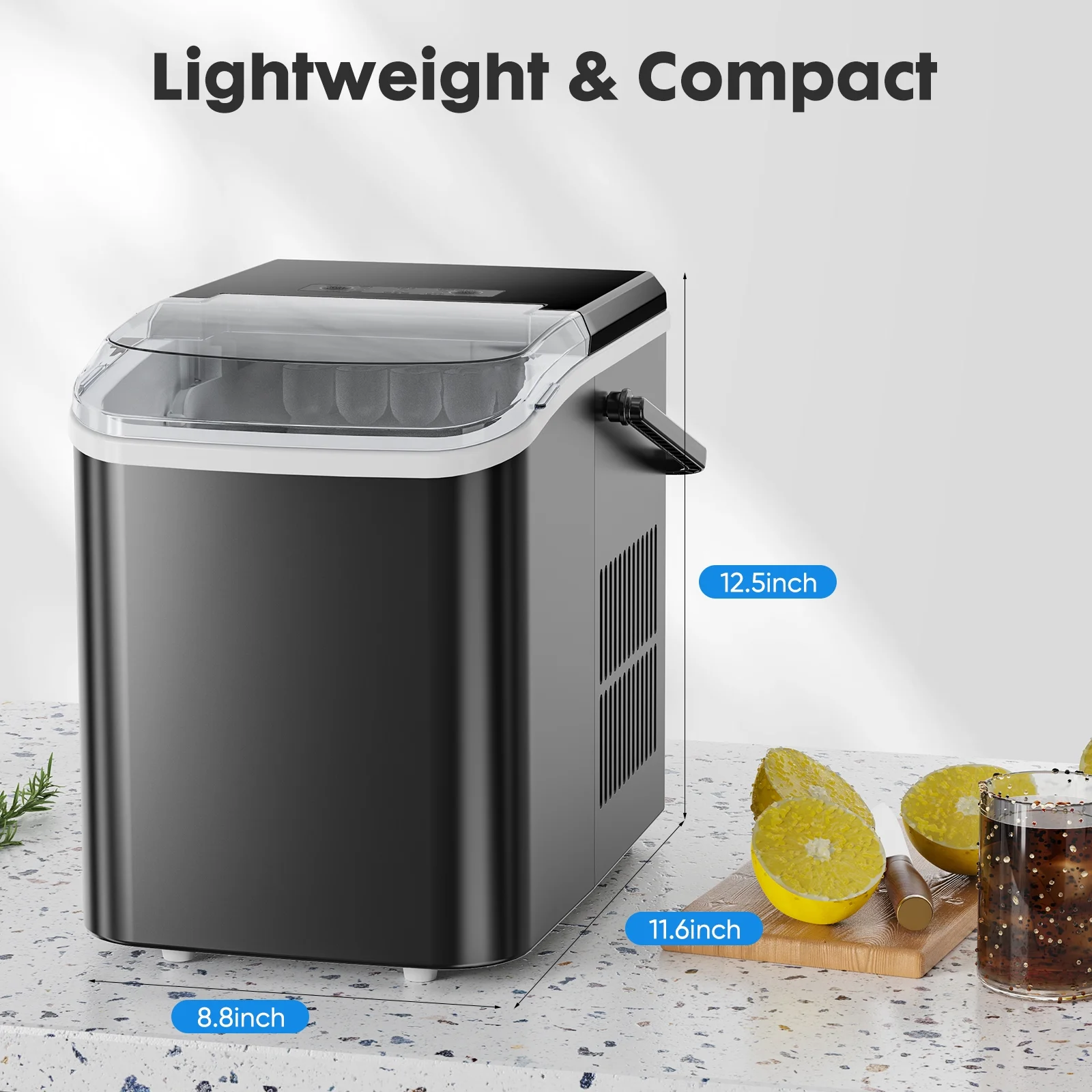 KPUY Portable 1.5L Electric Ice Maker 26.5lbs/24H Ice Cube Producer Touch Control With Self-Cleaning Function Add Water & Ice Full Indicator Low Noise Black