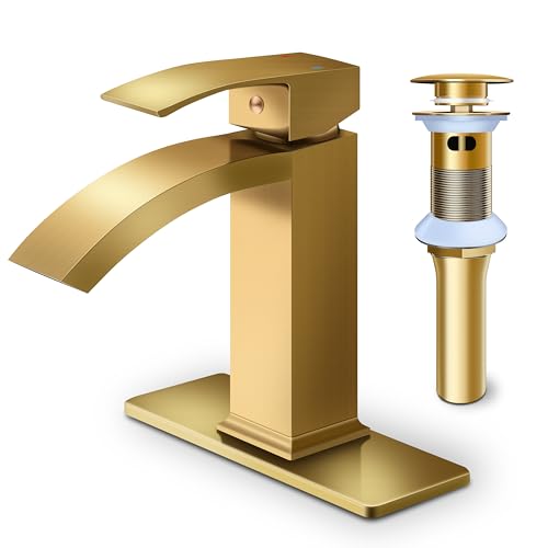 Brushed Nickel Vessel Sink Faucet, Waterfall Bathroom Faucets, Tall Spout Single Handle Single Hole Bathroom Faucets with Pop Up Drain and Without Overflow Basin Faucet Supply Line