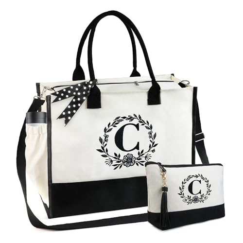 BeeGreen Mother's Day Gifts Personalized Women's Large White and Black Canvas Tote Bag, Embroidered Initials, Leather Handle, Zipper Closure