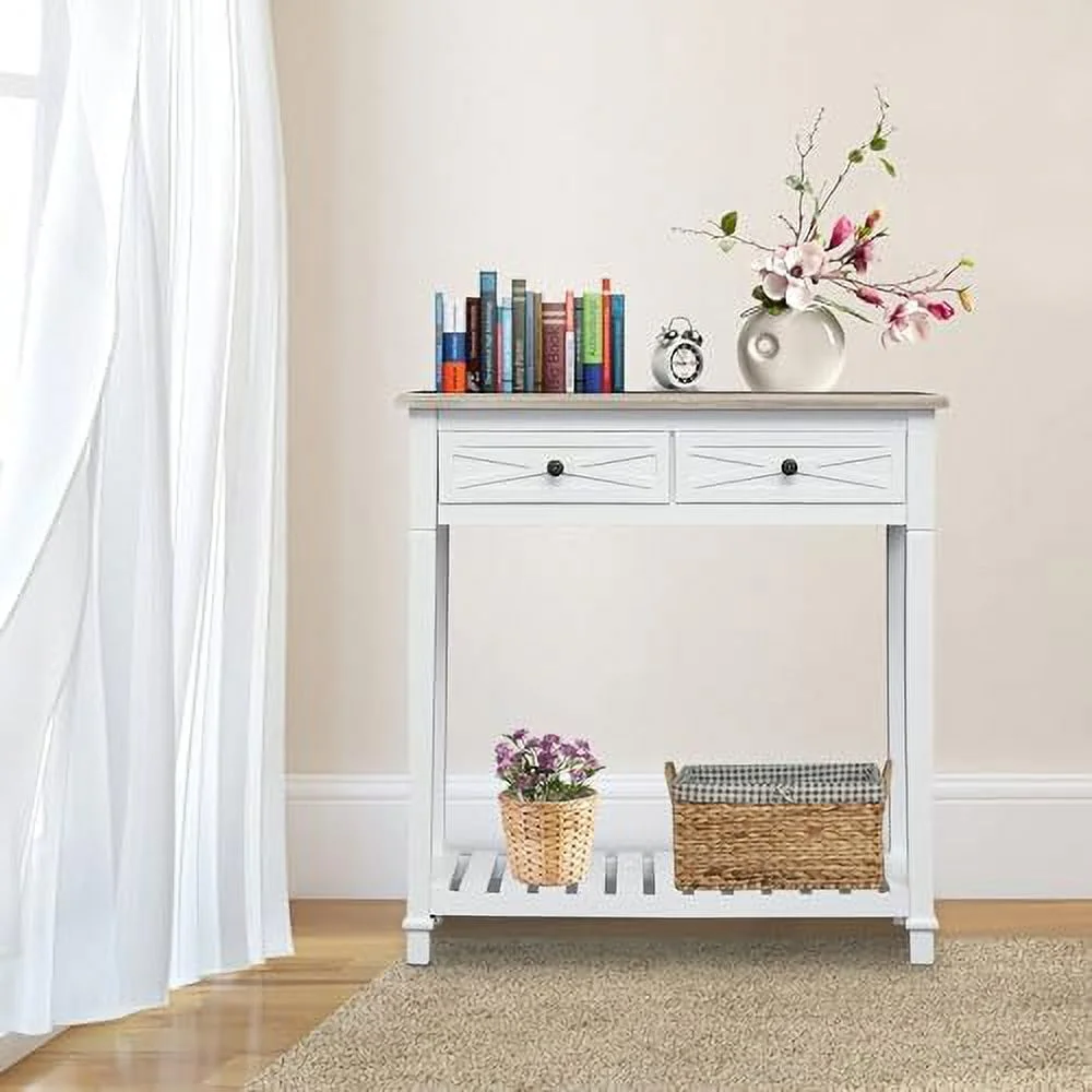 Console Tables for Entryway with 2 Drawers and  Shelf Small Narrow Sofa Table  Living Room  Hallway  French Country Rustic White