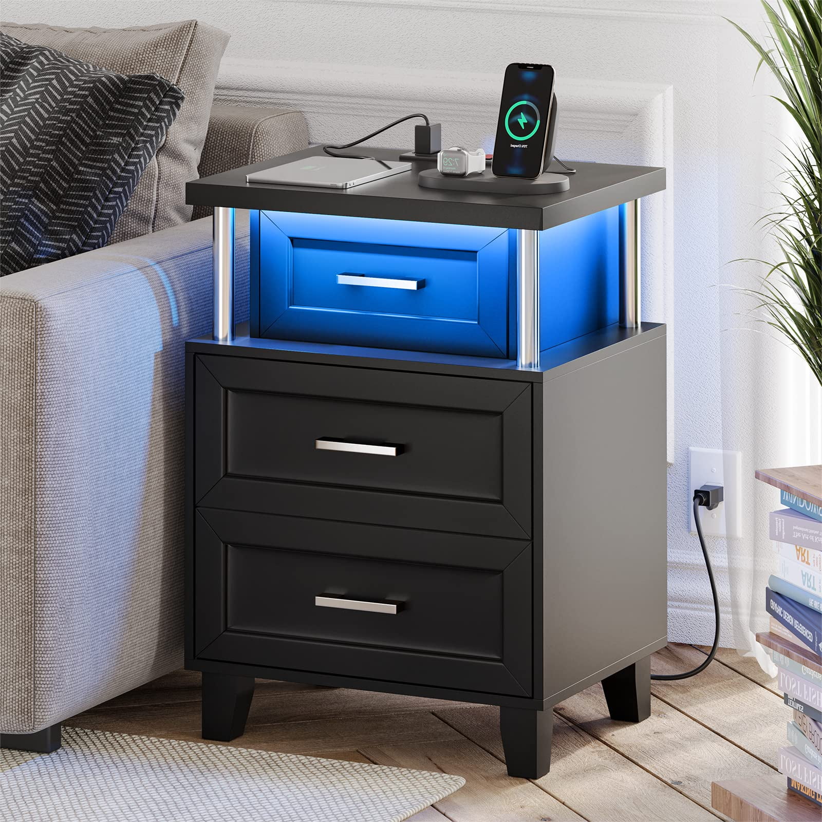 LED Nightstand Set of 2 with Charging Station, Modern End Side Table with 3 Drawer, Black