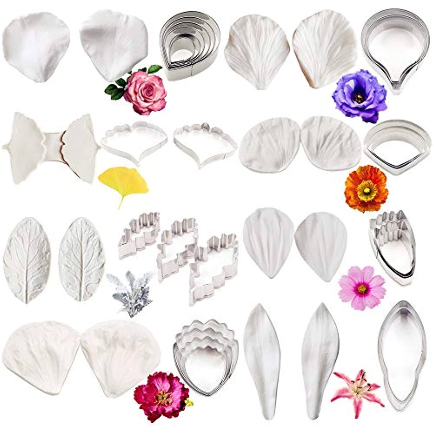 16Set Gumpaste Flower Molds and Cutters Fondant Tools Kit Stainless Steel Flower Cookie Cutter Set Sugarcraft Flower Silicone Ve