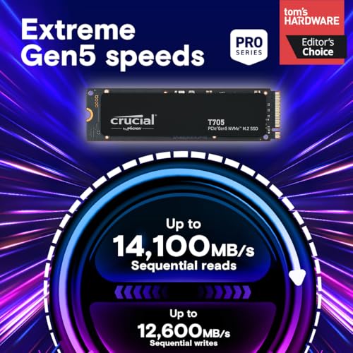 Crucial T705 2TB PCIe Gen5 NVMe M.2 SSD - Up to 14,500 MB/s - Game Ready - Internal Solid State Drive (PC) - +1mo Adobe CC - CT2000T705SSD3