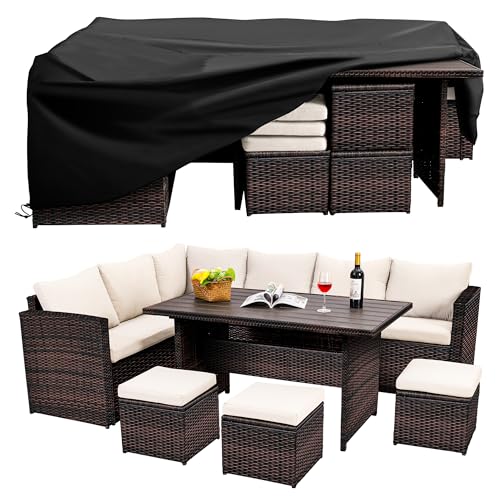 Patio Furniture Set, 7 Pieces Outdoor Patio Furniture with Dining Table&Chair, All Weather Wicker Conversation Set with Ottoman,Grey (Include Sofa Dust Cover)