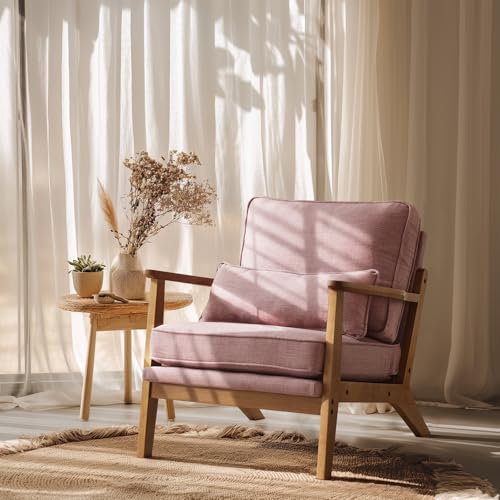 VINGLI Solid Wood Wide Armrests Accent Chair,Upholstered Mid Century Modern Chair with Pillow,Comfy Reading Chair Farmhouse Arm Chair,Chairs Living Room,Bedroom,Guest Room,Linen Fabric,Beige