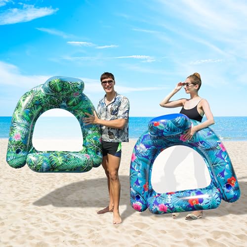 FindUWill Pool Floats Chairs Adult - 2 Pack 65'' x 42'' Large Pool Float Chairs, Inflatable Pool Lounger with Cup Phone Holder, Backrest, Footrest, Tanning Pool Lounge