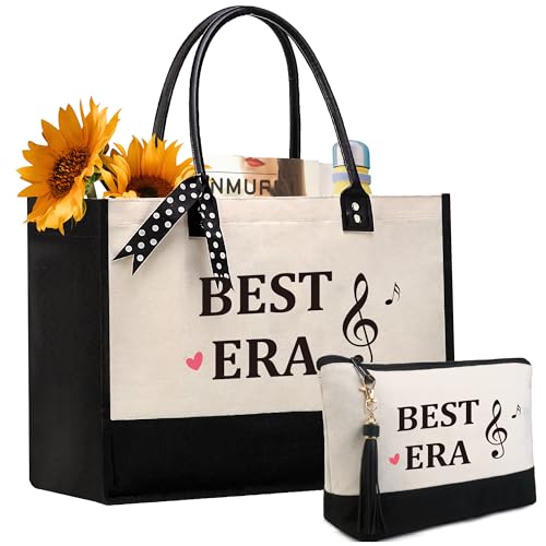 BeeGreen Mother's Day Gifts Personalized Women's Large White and Black Canvas Tote Bag, Embroidered Initials, Leather Handle, Zipper Closure