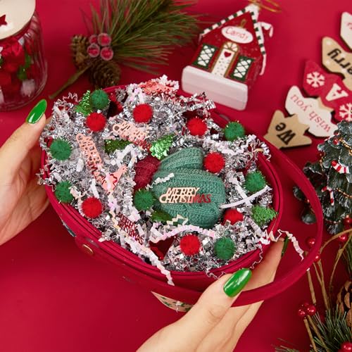 PAPER FAIR 1LB Metallic Red Green Christmas Crinkle Cut Paper Shred Filler w/Tree & Snowflake Confetti, Gift Wrap Packaging Raffia Tissue Strand, Craft Bedding Cushion, Winter Birthday Box Basket