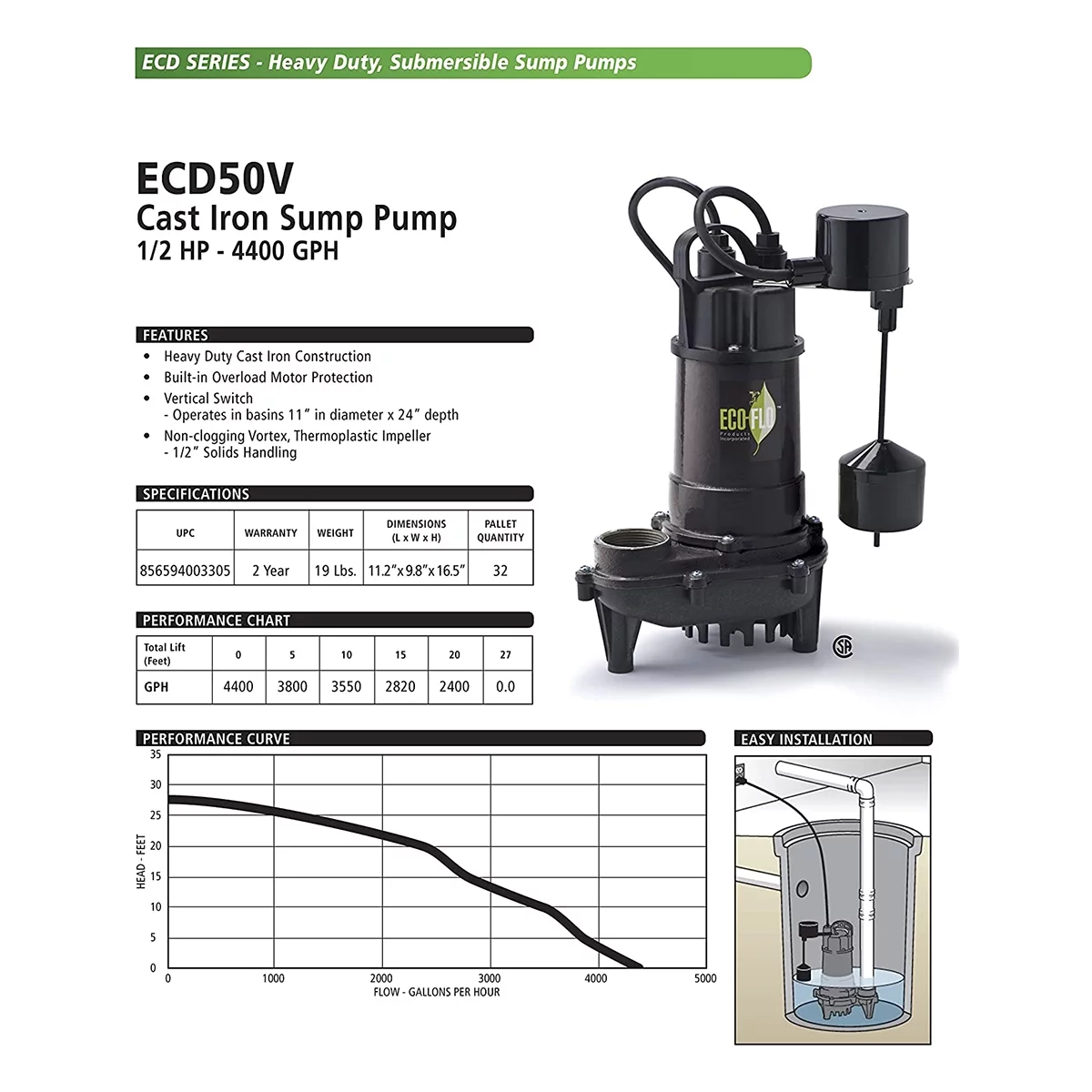 Eco-Flo ECD50V Submersible Cast Iron Sump Pump, 1/2 Horsepower, Vertical Switch